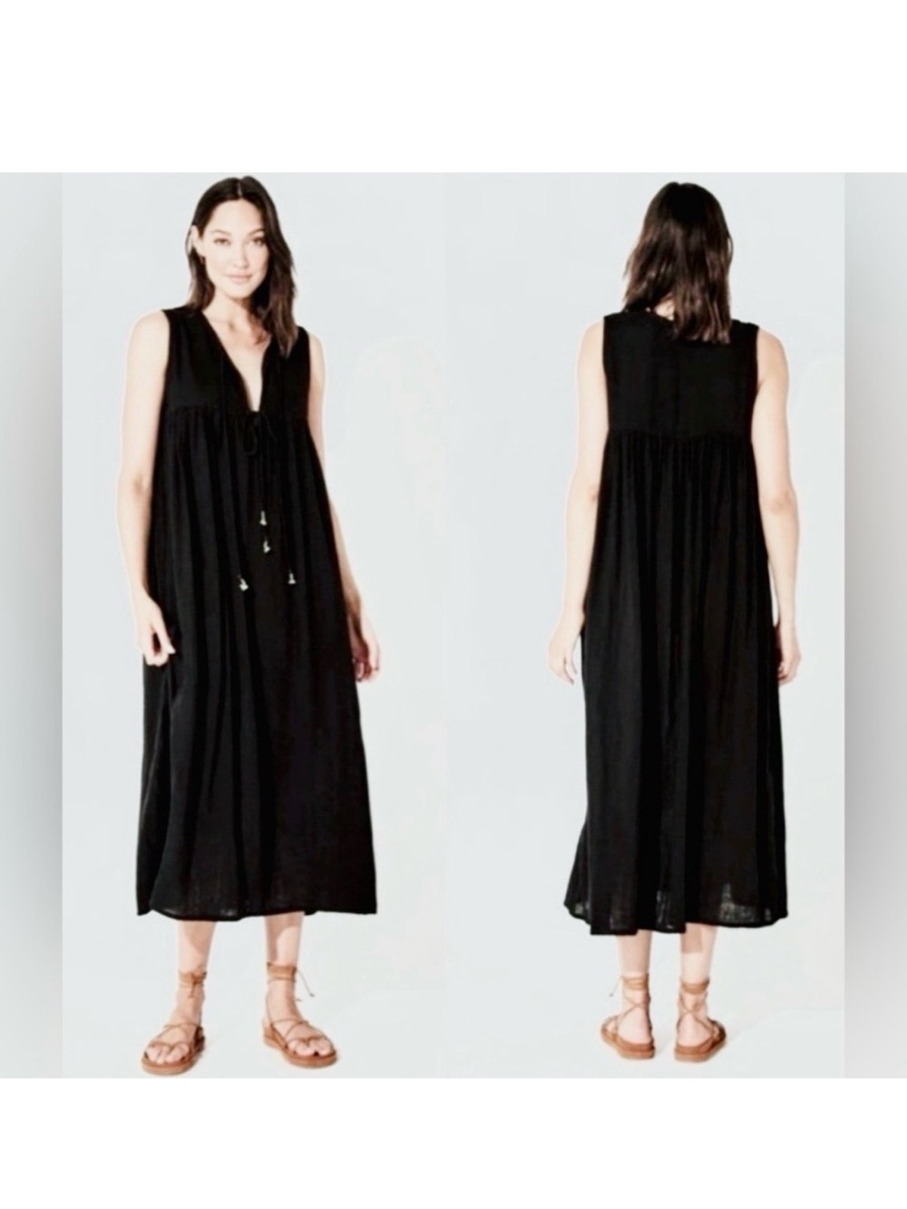 Daughters of India Black Sleeveless Cotton Maxi Dress with Tie Detail NWT
